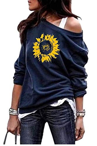 Yanekop Womens Sunflower Printed Off Shoulder Sweatshirt Pullover Casual Top Shirts 
