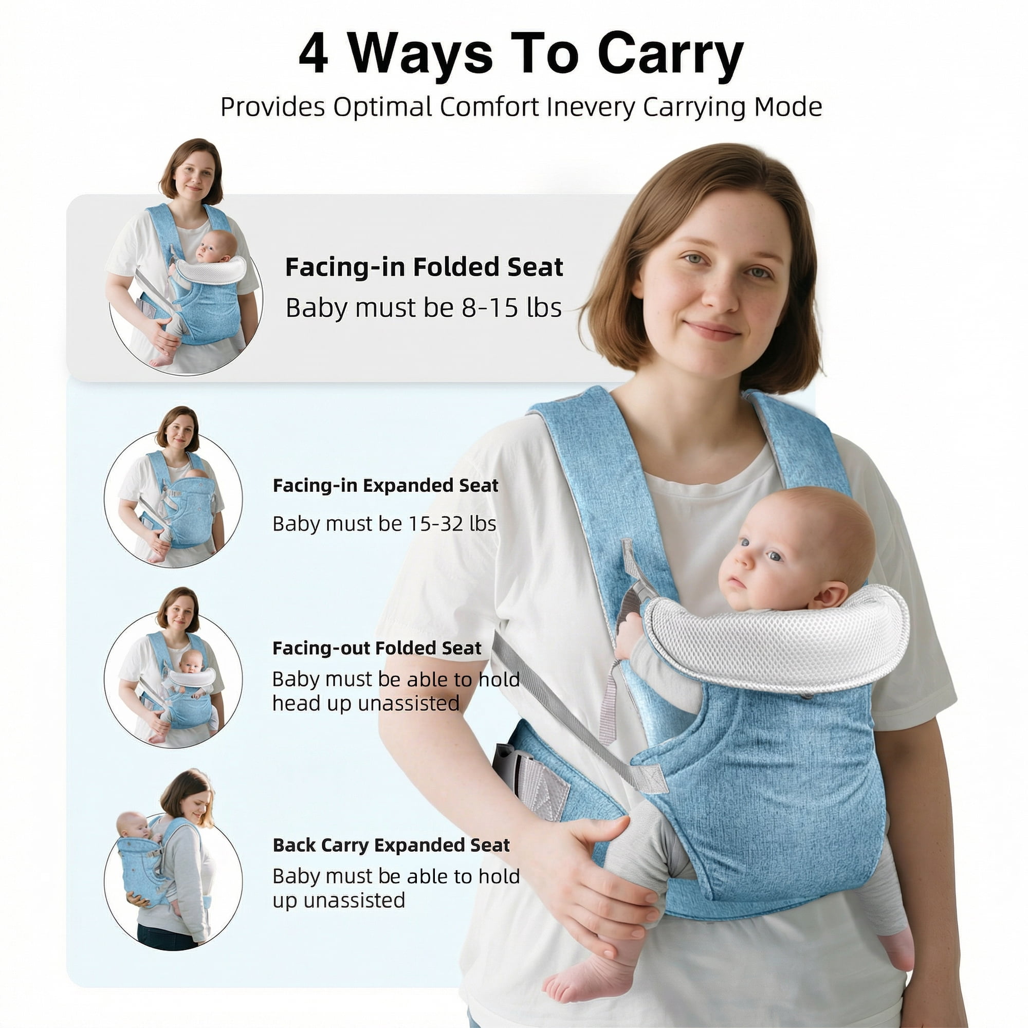 RUPOUN Baby Carrier, Convertible Soft & Cool Baby Carrier, 4-Position, Blue, for Child, Infant, Newborn