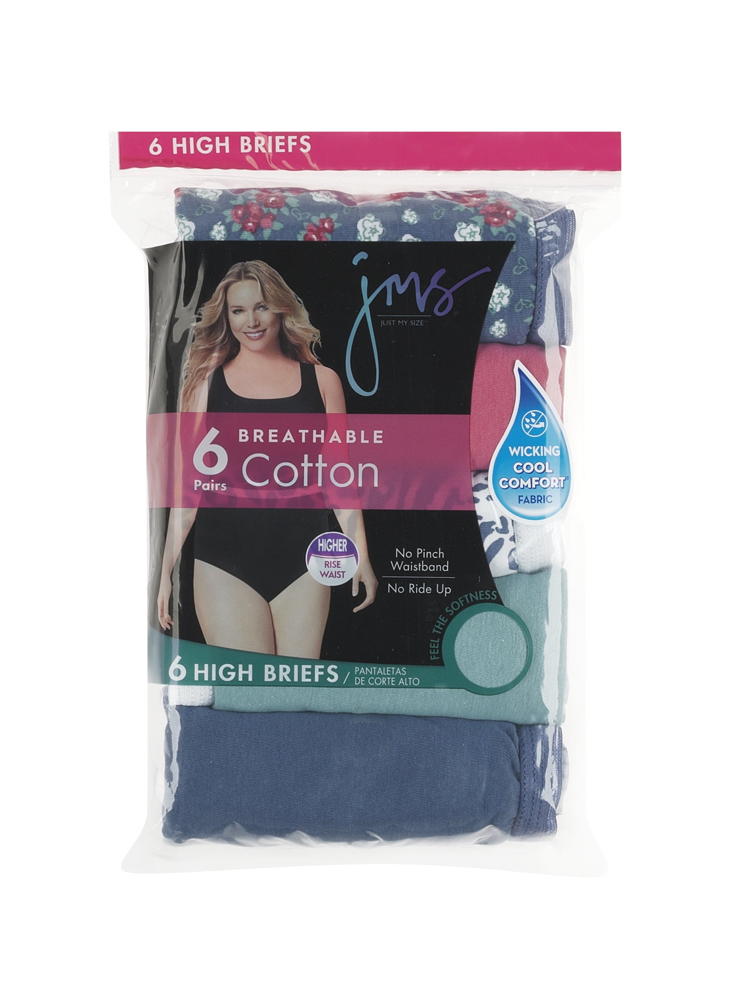 JUST MY SIZE Women's Plus Size Cool Comfort Cotton Brief 6-Pack, Assorted, 9