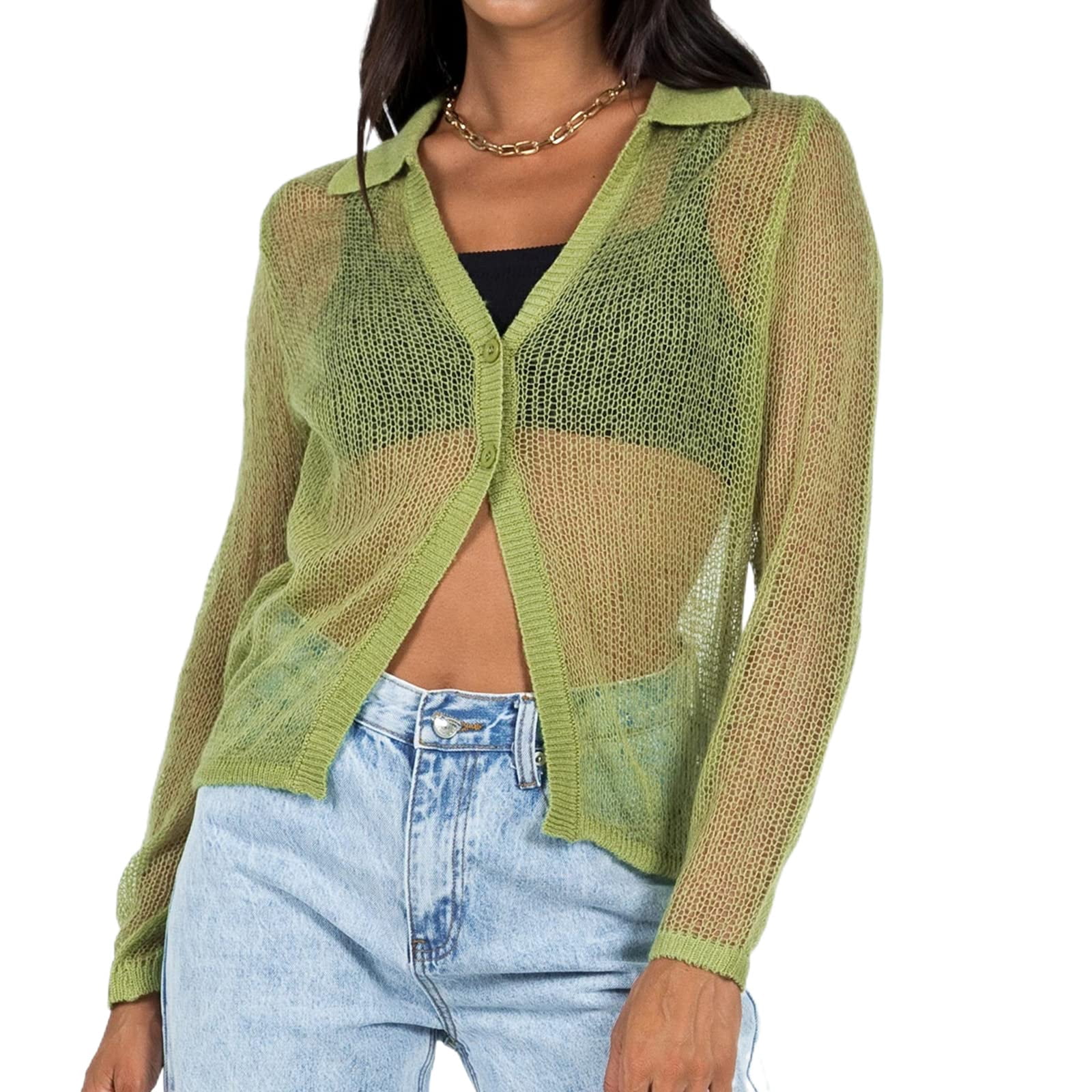Women Y2K Button Down Sheer Cardigan Long Sleeve See Through Crop Top Shirt  Aesthetic Streetwear - Walmart.com
