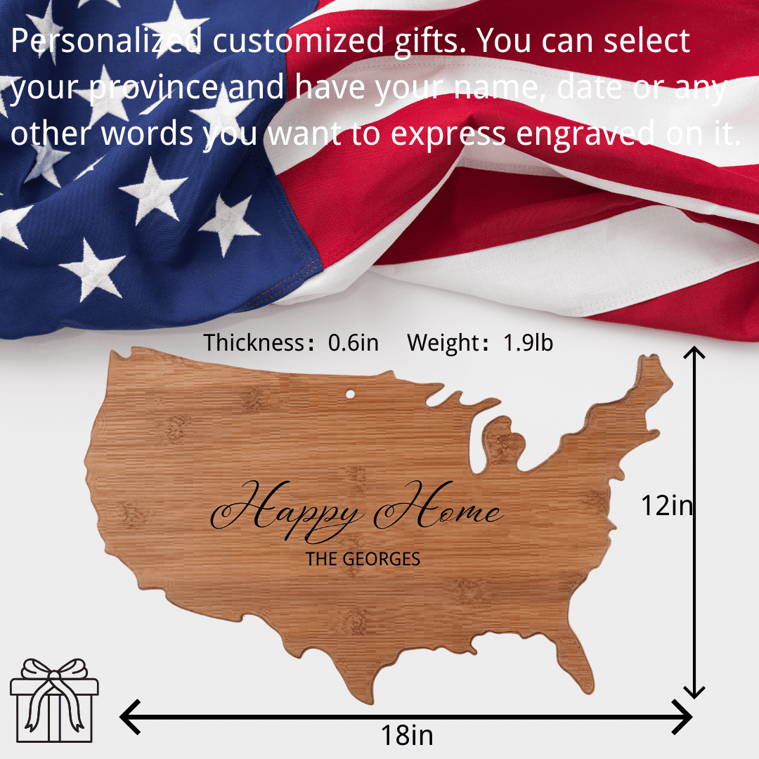 Personalized state-shaped and named date platters, carved wooden cutting boards, custom cheese boards as Mother's Day Gift, wedding, housewarming gifts (Nan bamboo American shape 18x12x0.6in)