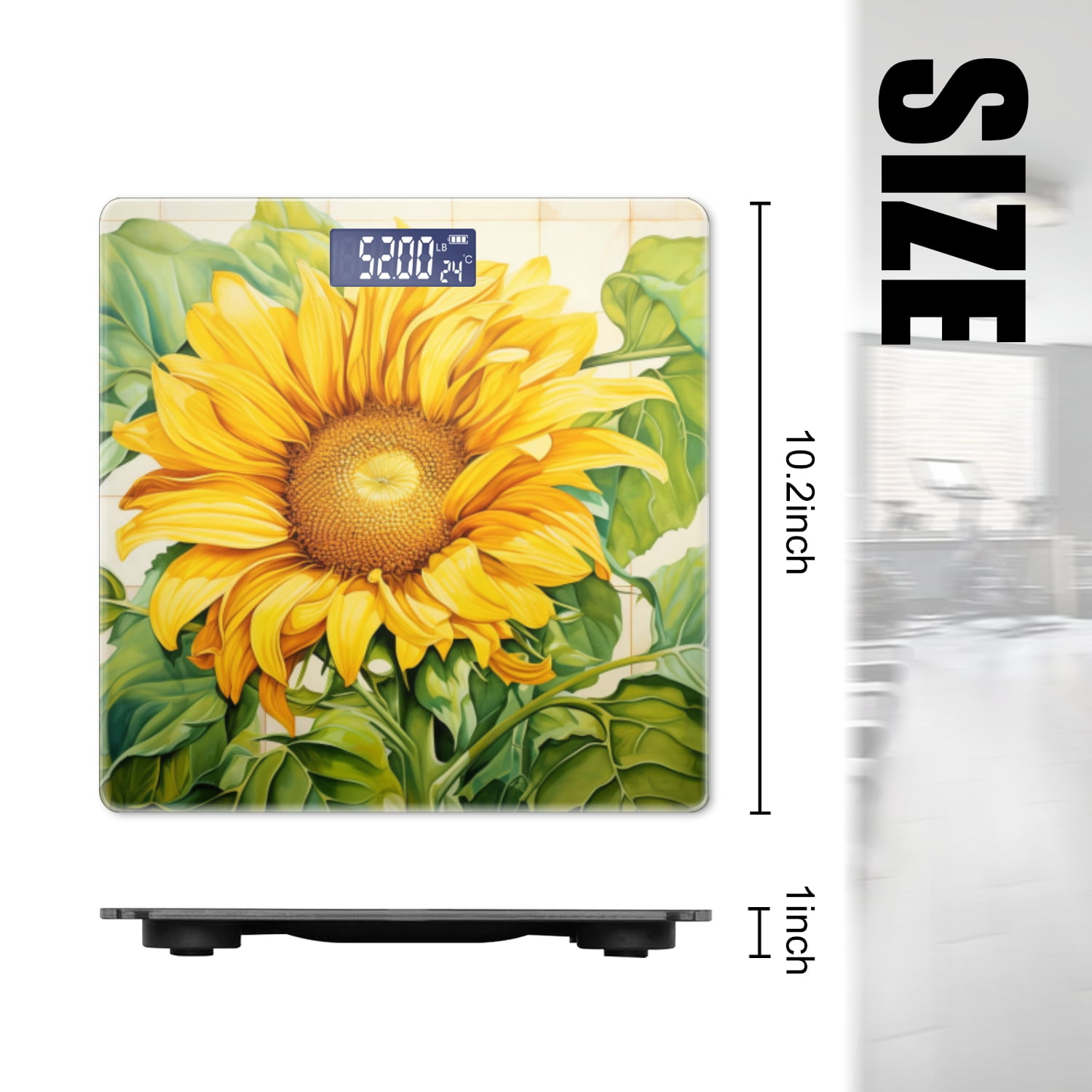 Bathroom Scale, Highly Accurate Digital Body Scale,Precisely Measures Weight up to 400 lbs-Oil Painting Of Sunflower With Green Leaves