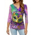 thumbnail image 4 of Mardi Gras Shirts Womens Carnival Glitter V Neck T Shirts Sparkly 3/4 Sleeve Purple Tops Purple L, 4 of 5