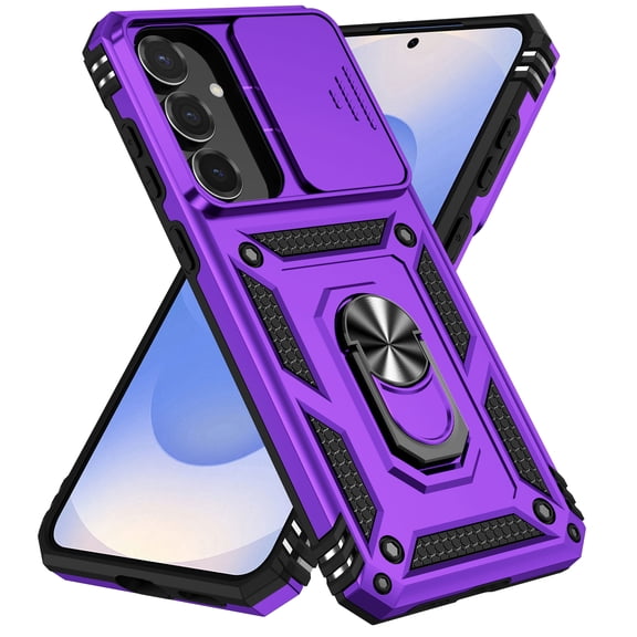 Decase for Samsung Galaxy S25 FE Rugged Case with Slide Lens Cover,Shockproof Cover with Roating Ring Holder Protective Case for Samsung S25 FE,Purple