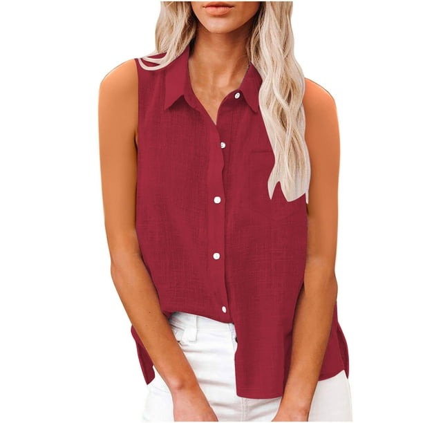 Vestidos Casuales Para Mujer, Blusas De Mujer De Moda Camisa de verano para mujer, de moda, de color liso, sin mangas, con bolsillos y botones.