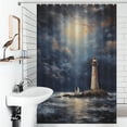 thumbnail image 4 of Lighthouse Sunrise Coast Scenery Pale Blue Tan Waterproof Polyester Quick-Drying Shower Curtain for Bathroom with 12 Hooks, 4 of 8