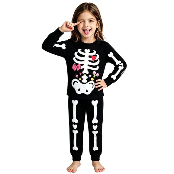 Afdoent Girls Pajamas Set Girls Halloween Skeleton Print Pajama Long Sleeve Top And Pants Sleepwear For Kids Cozy Comfort Loungewear 9-10 Years