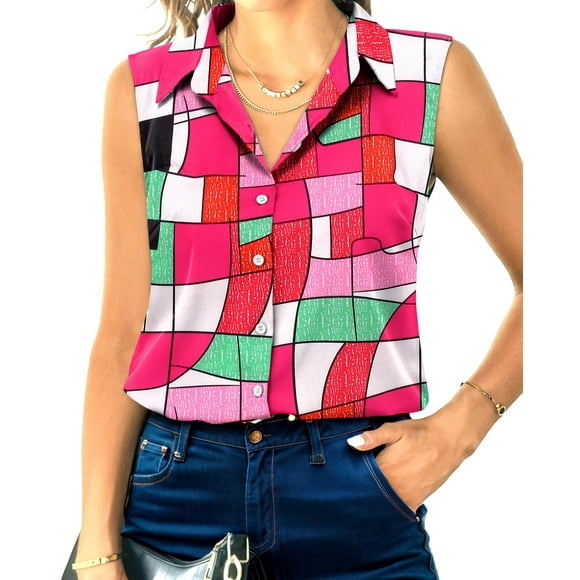 Blusa HOTOUCH Camisa abotonada sin mangas para mujer Pink Geometr