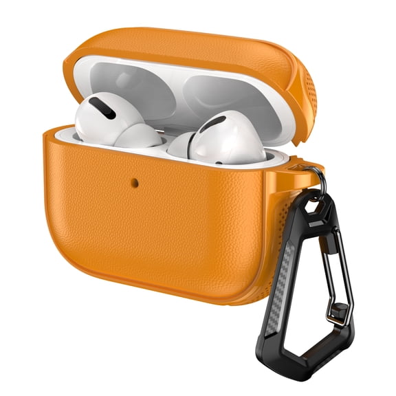 ELEHOLD For Airpods Pro 3 (2025) Earphone Case, Slim Fit Shockproof Premium Leather Non-Slip Protection Cover with Carabiner, Orange