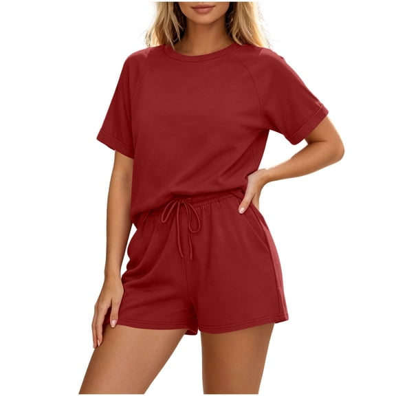 Dagugfen Womens Athletic Sets Crew Neck Short Sleeve Tees Drawstring Elastic Waist Shorts with Pockets Breathable Outdoor Workout Running Sets