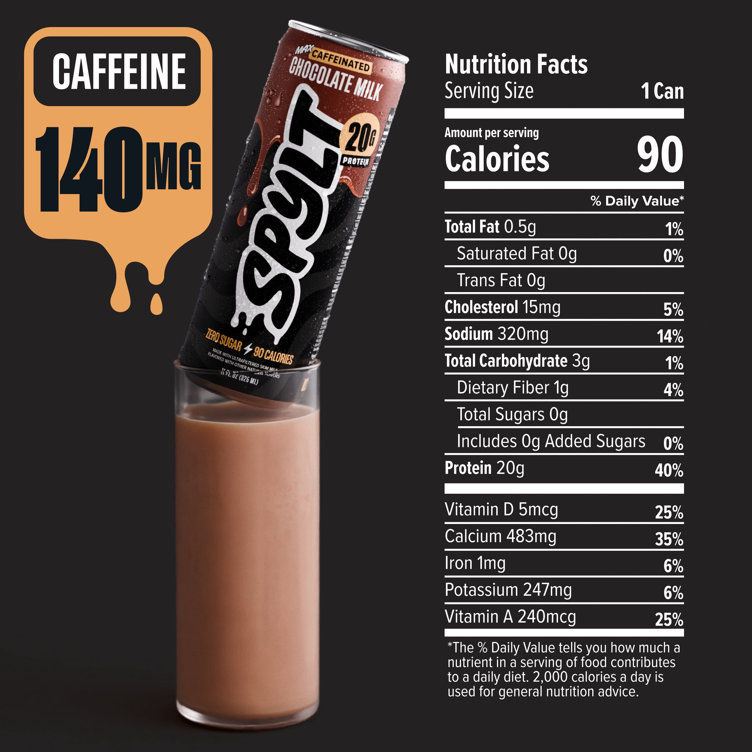 SPYLT High Protein Milk, MAX Chocolate, 20g Protein, 140mg Caffeine, Sugar Free, 11 fl oz, 12 Cans - PACKAGING MAY VARY