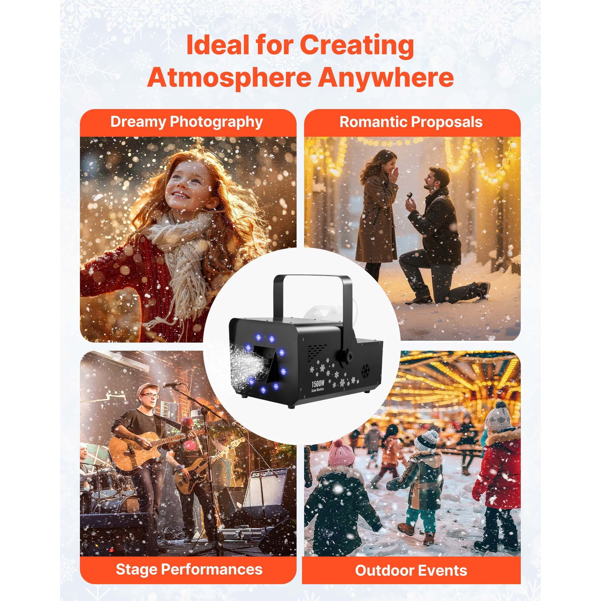 1500W Snow Machine with RGB DMX512 Signal Control, 9 LED Lights, Wireless Remote, High Output Snowflake Machine with 5L Tank, Portable DJ Stage Snow Maker for Christmas Parties Stage Effects