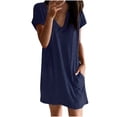 thumbnail image 2 of Wycnly Womens Dresses Casual Pocket Loose Comfy Breathable Swing Tunic Tshirt Short Dresses Summer Solid V-Neck Short Sleeve Formal Mini Dress Navy m, 2 of 7