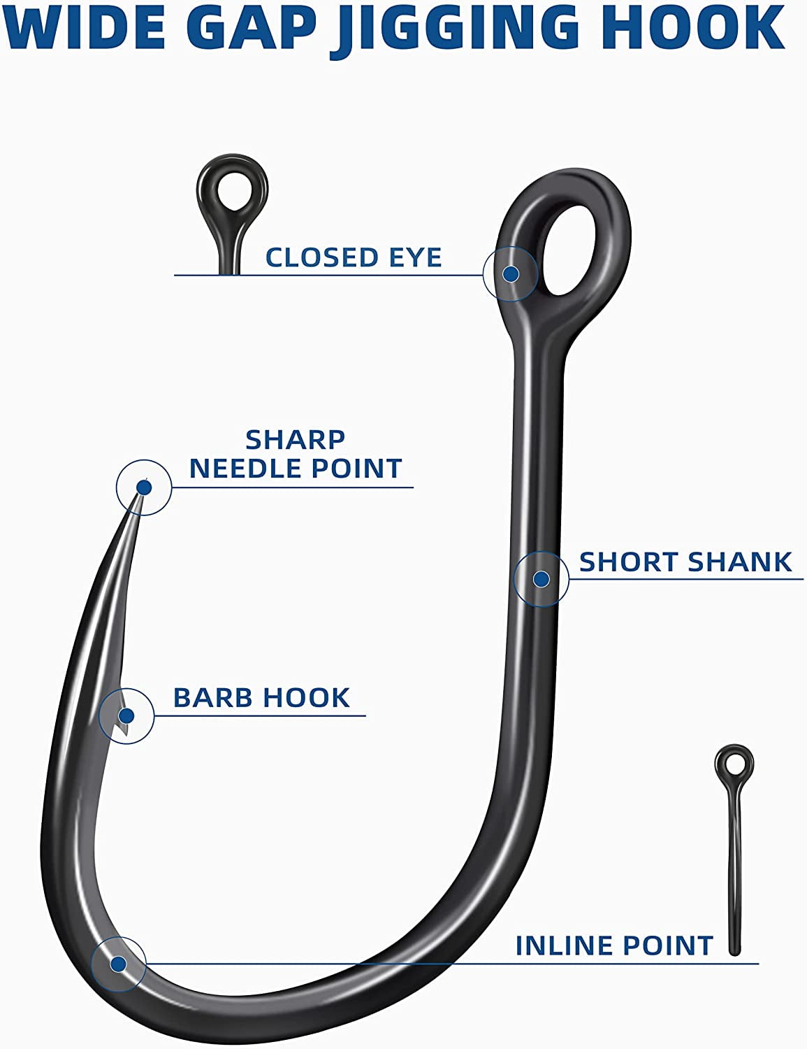 BLUEWING Wide Gap Jigging Hooks Needle Point Fishing Hooks High Carbon Steel Hooks Extra Sharp Fish Hooks for Freshwater Saltwater Fishing, Size 11/0, 5pcs