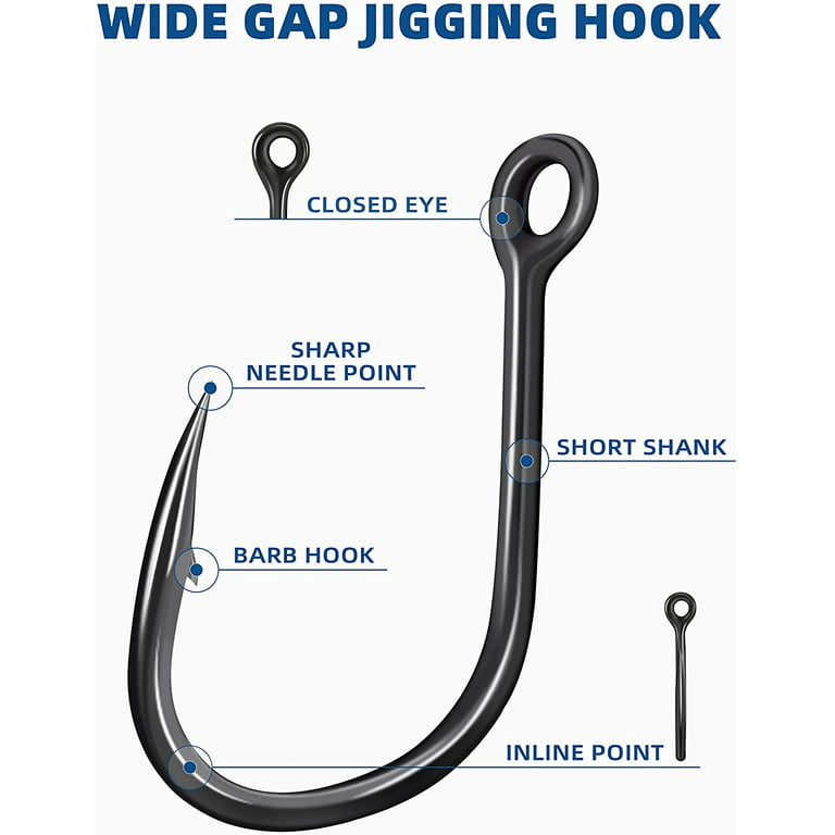 Bluewing Wide Gap Jigging Hooks Needle Point Fishing Hooks High Carbon Steel Hooks Extra Sharp Fish Hooks for Freshwater Saltwater Fishing, Size 9/0