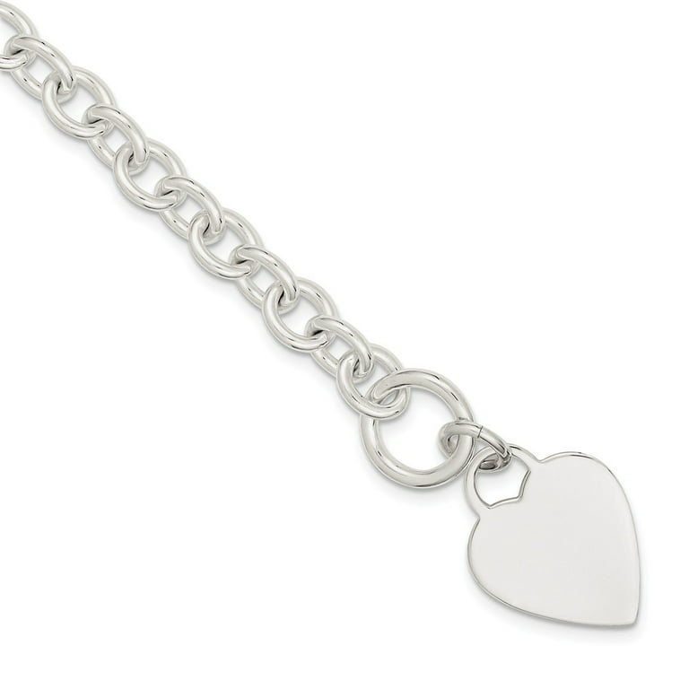 925 Sterling Silver Engraveable Heart Disc on Link Toggle 7.75 inch Chain Charm Bracelet