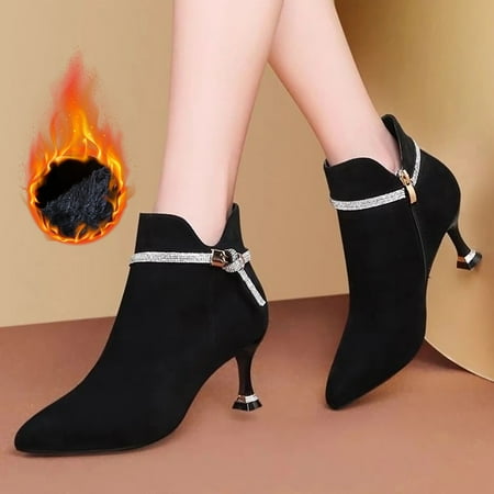 

YOUSNH Pointed Rhinestone High Heels Women New Fashionable Slim Heel Short Ankle Boots Women s Boots Black 7.5