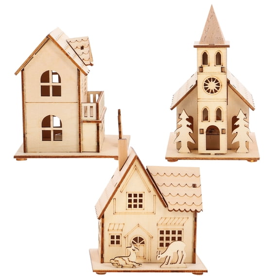 Topbathy 3pcs Luminous Design Mini House Figurines Light Brown Wood Holiday Decor for Home Decoration