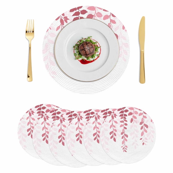 Pink Ombre Botanical Round 15 Inch Placemats Set of 6, Watercolor Country Pastoral Leaf HeatResistant Non Slip Place Mats for Dining Table, Wipeable Braided Kitchen Table Mats for Housewarming