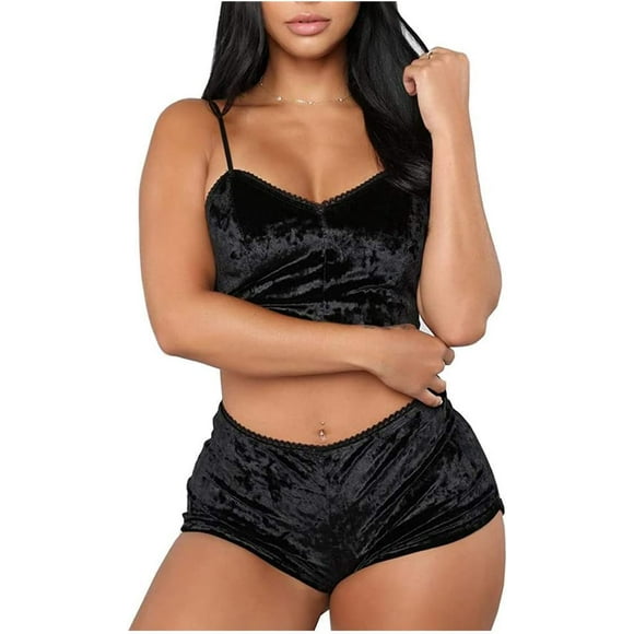 K Femmes Velours 2 Pièce Tenue Spaghetti Sangle Sans Manches Crop Top Camisole et Short Pyjamas Ensemble Vêtements de Nuit Vêtements de Nuit Noir Moyen