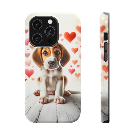 DistinctInk Tough Case for Apple iPhone 13 PRO (6.1" Screen), Compatible with MagSafe Charging - Valentine's Day English Foxhound Puppy