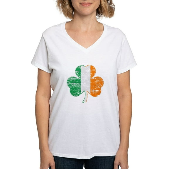 CafePress - Vintage Irish Flag Shamrock T Shirt - Womens Cotton V-Neck T-shirt