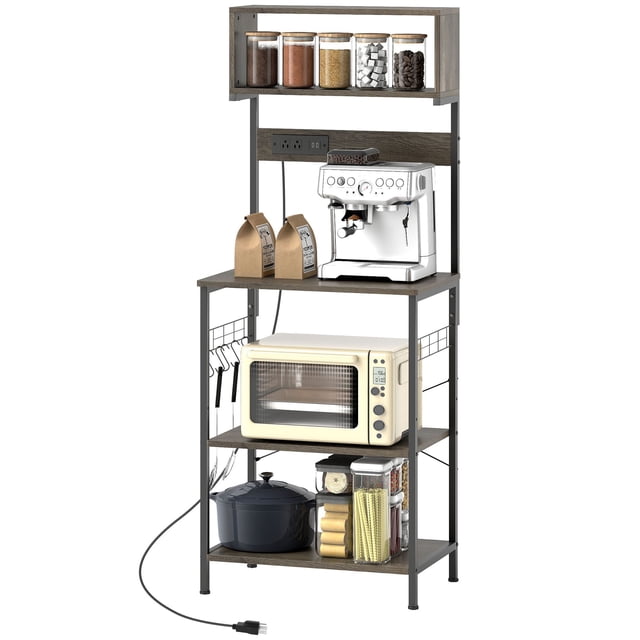 Distressed Grey Baker's Rack with Power Outlet & USB Ports - Kitchen Microwave Shelf with 5 Hooks - 60.2" Tall Storage Unit