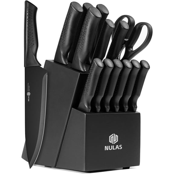 15-Piece Kitchen Knife Set with Block, Built-In Sharpener, Dishwasher Safe | German Stainless Steel Black Coated Blades, Textured Non Slip Handles for Everyday Meal Prep and Dining