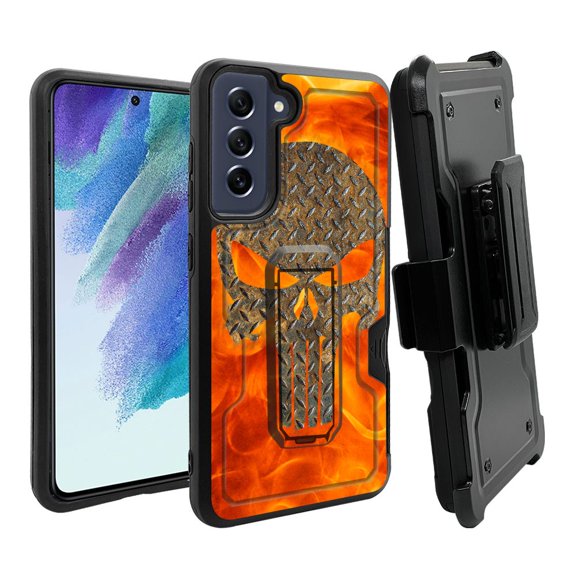 ANJ  Rugged Dual Layer Hybrid Holster Kickstand Case w/ Card Slot   Tempered Glass Cover for Samsung Galaxy S21 FE 5G - Fiery Rustic Plate Skull 2