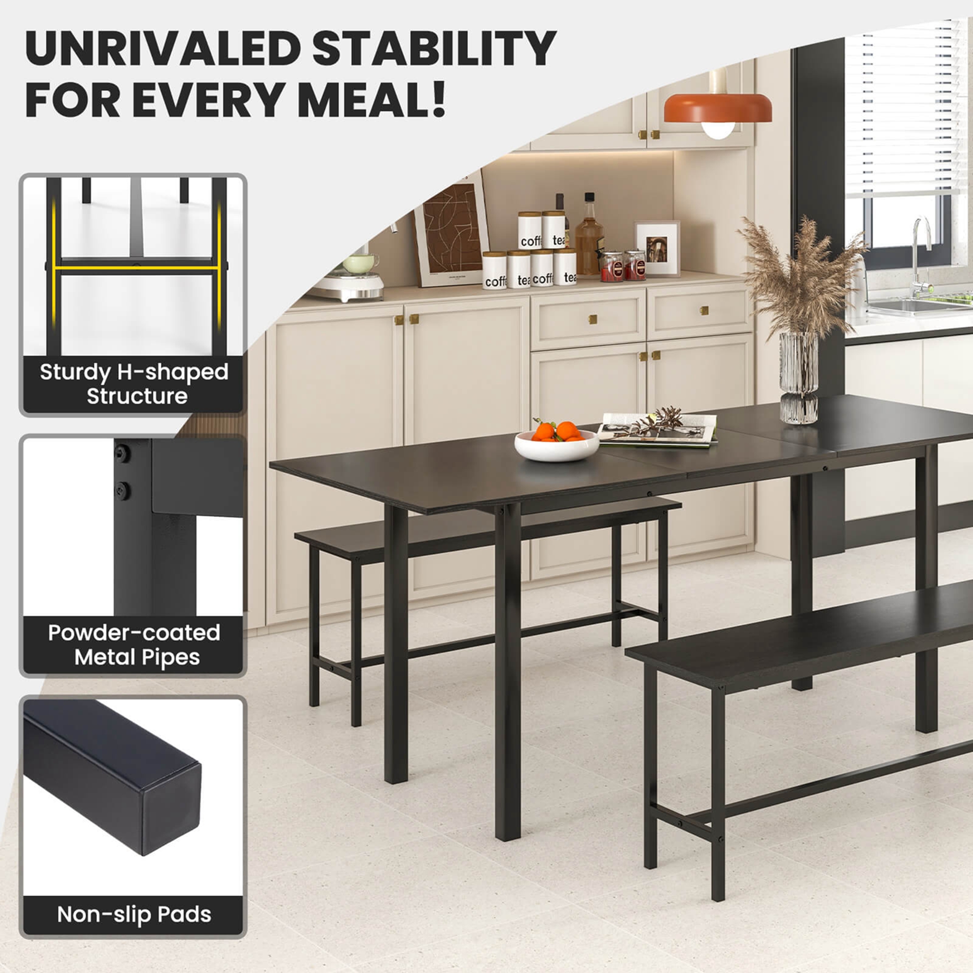 Costway 3 Piece Dining Table Set for 4-6  63"Kitchen Table with 2 Benches Metal Frame Black