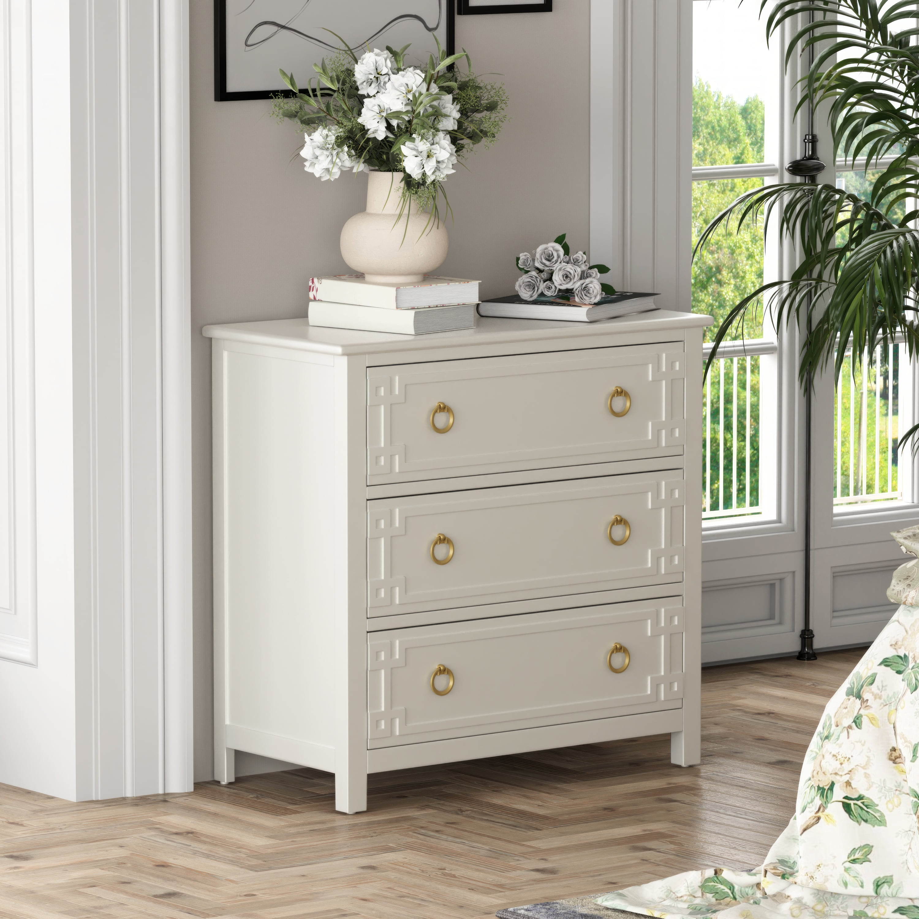 COZAYH Farmhouse 3-Drawer Dresser, Rustic Chest of Drawers with Embossed Geometric Lines, French Country Dresser for Bedroom, Living Room