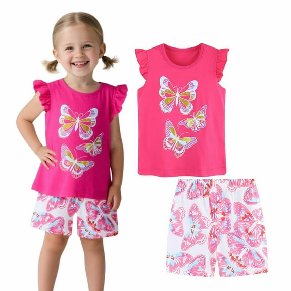 HILEELANG Toddler Girl Easter Summer Short Outfits Cotton CrewNeck Pink Butterfly Short Sleeve Playwear 2PC Sets 2T