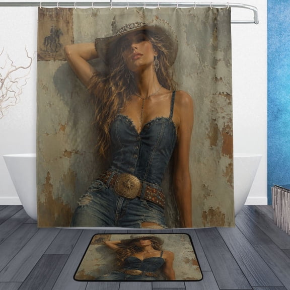 TTYFWHD 60" x 72" Shower Curtain and Bath Mat Set Vintage Rodeo Cowgirl Waterproof Bathroom Curtain with 12 Hooks, Bathroom Decor Set
