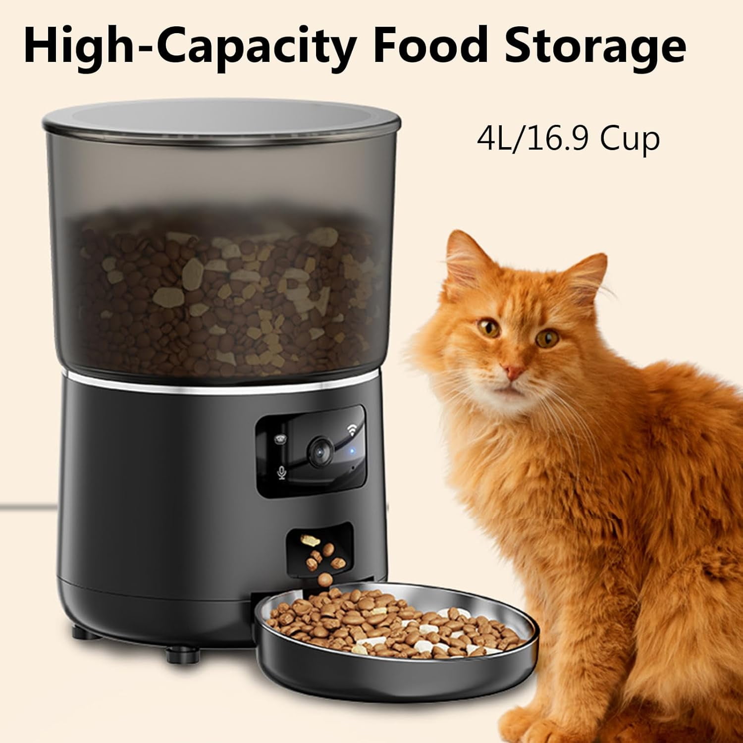 Automatic Cat Feeder with Camera, 1080P HD Video Cat Food Dispenser with Stainless Steel Bowls WiFi Automatic Pet Feeder with 2 Way Audio