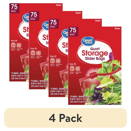(4 pack) Great Value Fresh Seal Slider Zipper Bags, Quart Storage, 75 Count