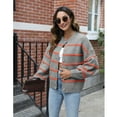 thumbnail image 3 of PUWEI Women's Striped Knit Cardigan Sweater Long Sleeve Button Down Crew Neck Outwear, 3 of 7