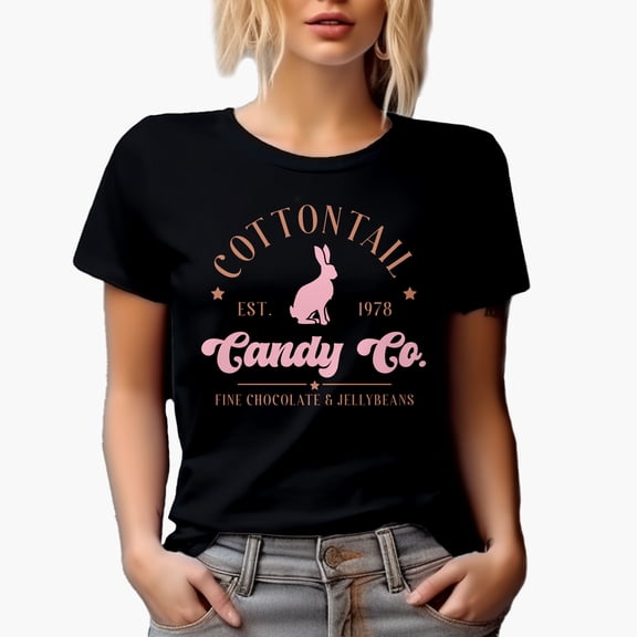 Cotton Tail Candy Co Est. 1978 with Bunny, Easter Shop Sign Inspired Merch Gift, Black T-Shirt, Small