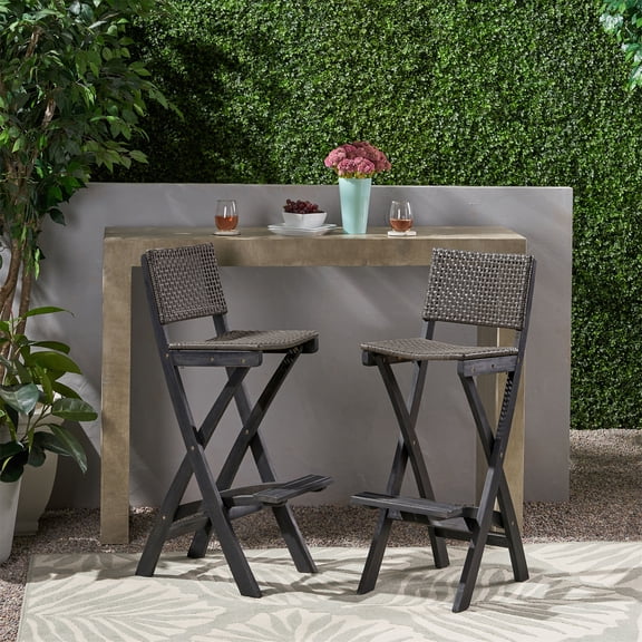 Outdoor Folding Bar Stool Set of 2 41.75 Inch, Acacia Wood Frame with PE Rattan Backrest, Dark Gray