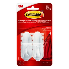 Command Designer Hooks, White, Medium, 2 Hooks, 4 Strips/Pack