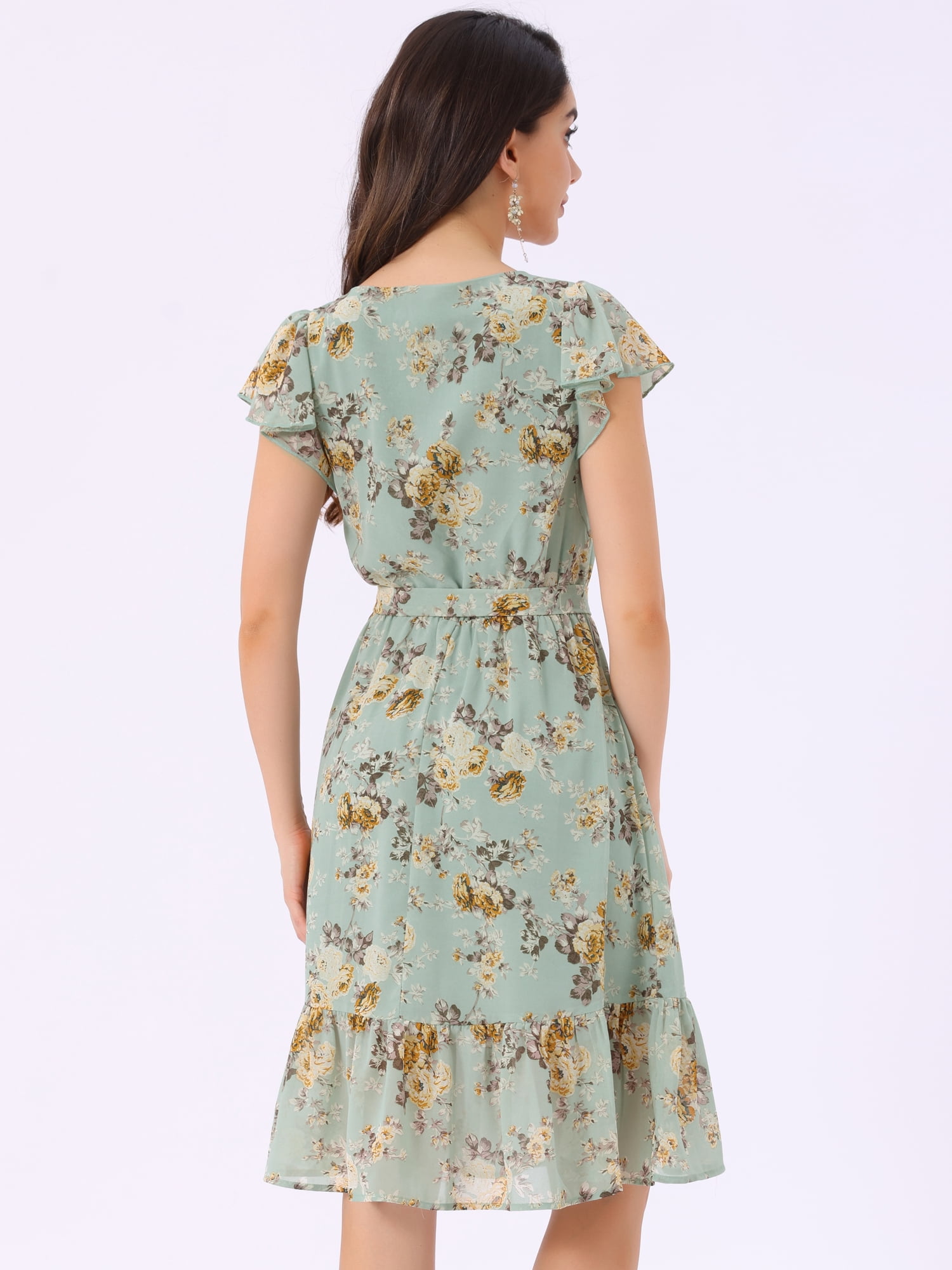 DARING DIVA Square Neck Flutter Sleeve A-Line Midi Dress M Pea Green