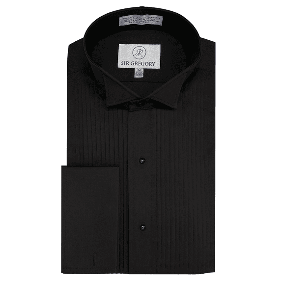 Sir Gregory Men's Black Fitted Tuxedo Shirt with Wing Collar French Cuffs and 1/4 Inch Pleat