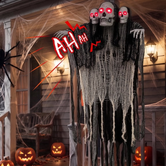 Leyaron Halloween Skeleton Decorations Outdoor, 3 Head Hanging Skeleton Ghosts Skull with Creepy Sound for Outside Indoor Yard Lawn Party Home Halloween Decor