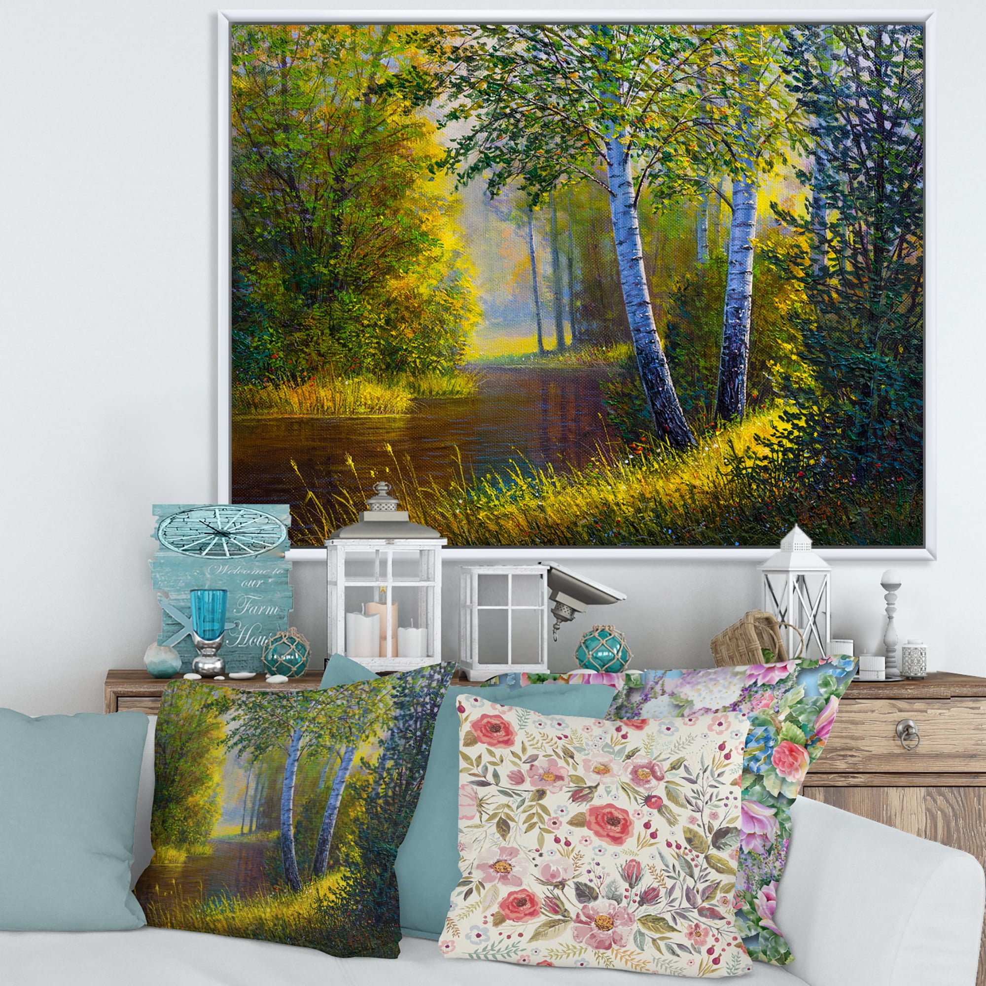 Designart 'Sunrise Glow Through The Birches II' Lake House Framed Canvas Wall Art Print