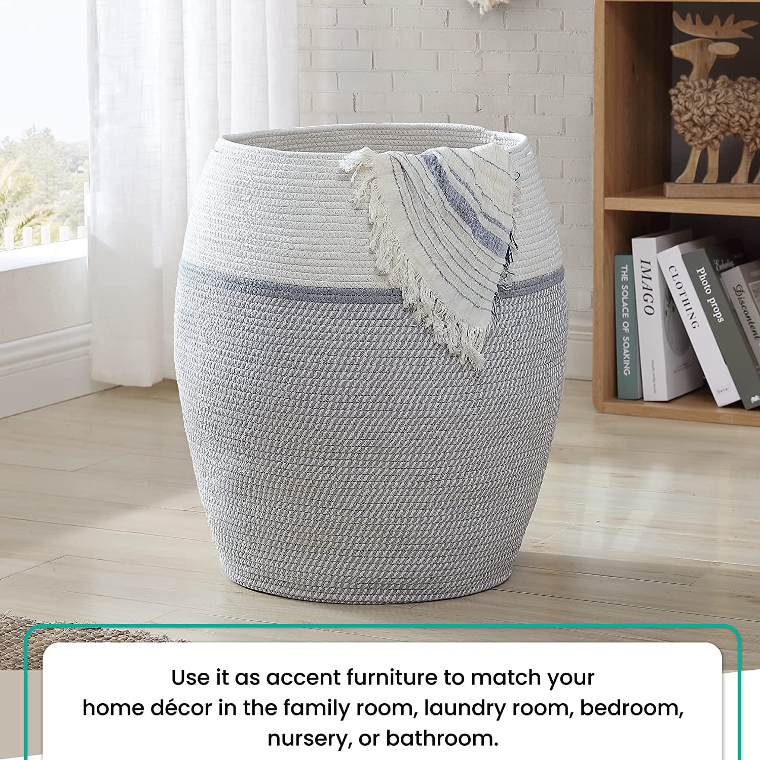 Toy Storage Bin Woven Laundry Hamper with Cover Cotton Rope Storage Baskets 26 x 20 Tall Extra Large Storage Basket with Lid for Toys Blanket in Living Room Baby Nursery White/Grey 