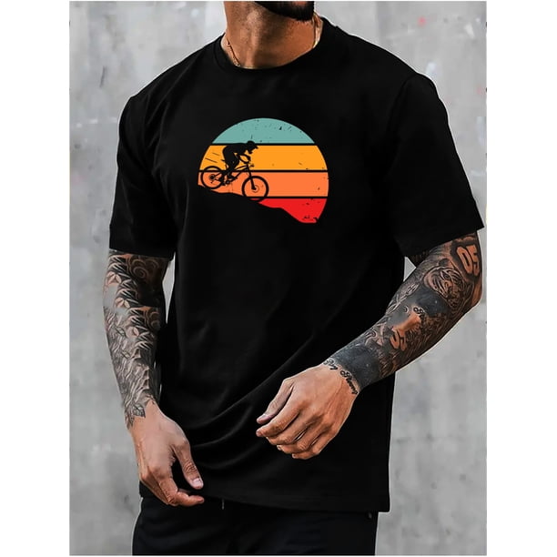 Camiseta de manga corta con cuello redondo y estampado gráfico de bicicleta de montaña retro para hombre, camiseta de verano a la moda, top informal, cómodo y versátil para uso diario.