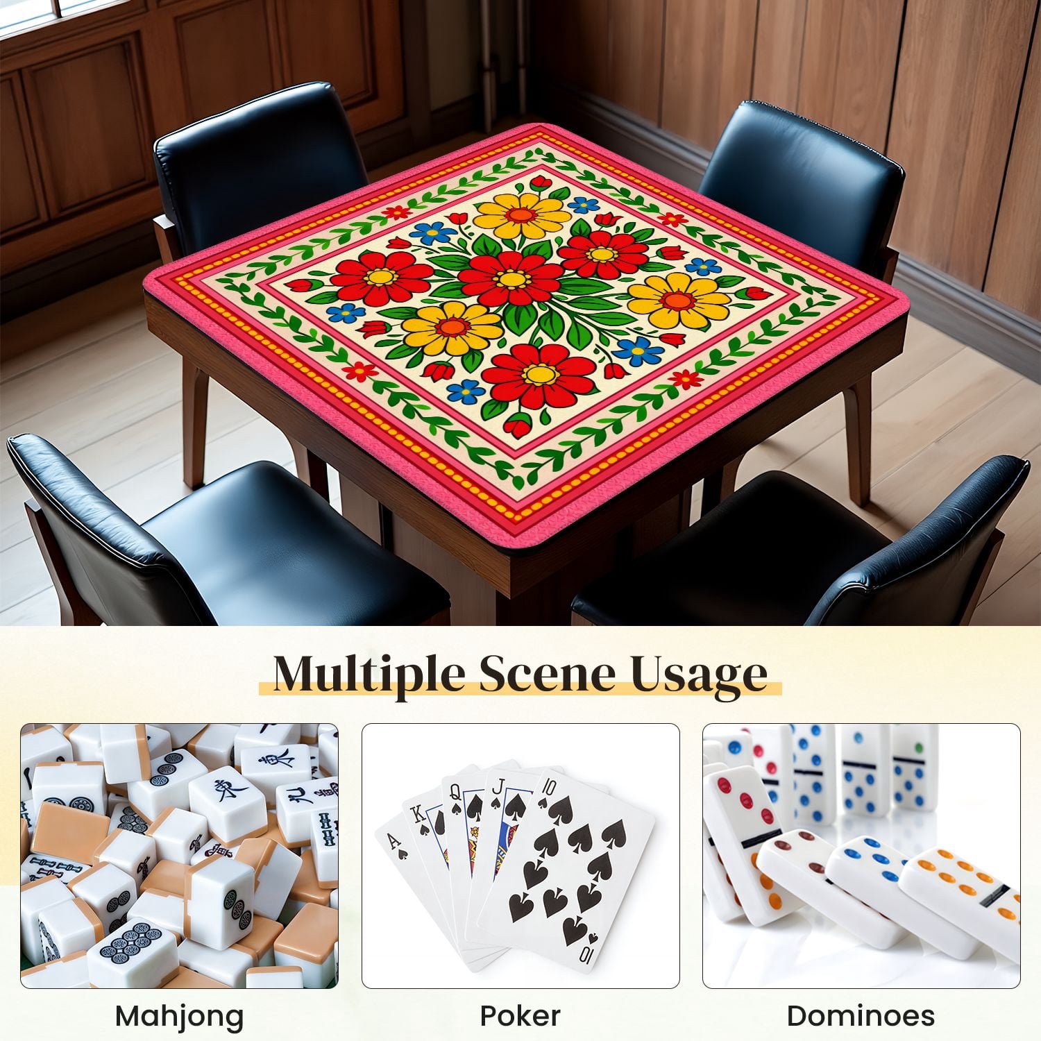 Mahjong Mat 31.5" x 31.5" Colorful Floral Red Yellow Blue Flowers Non-Slip Noise Reduction Mahjong Tiles Table Cover for Dominoes Poker Card Board and Tile Games