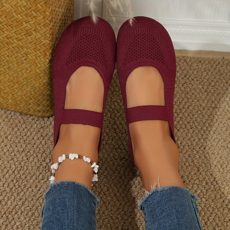 

MNGHNKJ Women‘s Solid Color Mary Janes Slip On Knit Breathable Flat Lightweight Shoes Daily Comfy Soft Sole Shoes