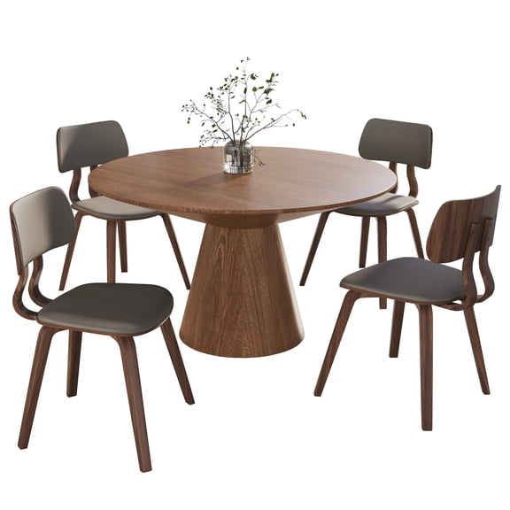 LeisureMod 5-Piece Dining Set Round Dining Table in Natural Wood and 4 Leather Dining Chairs for Modern Home, Kitchen Fynix Collection