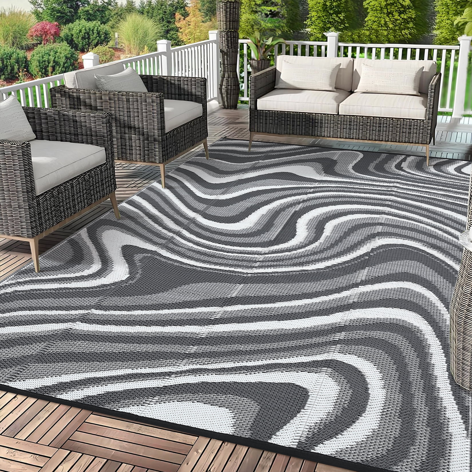 Garvee Outdoor Rug 5'x8' Abstract Plastic Area Rug Waterproof Reversible Outdoor Carpet, Plastic Straw Rug for Patio RV Camping Balcony Deck Backyard, Gray
