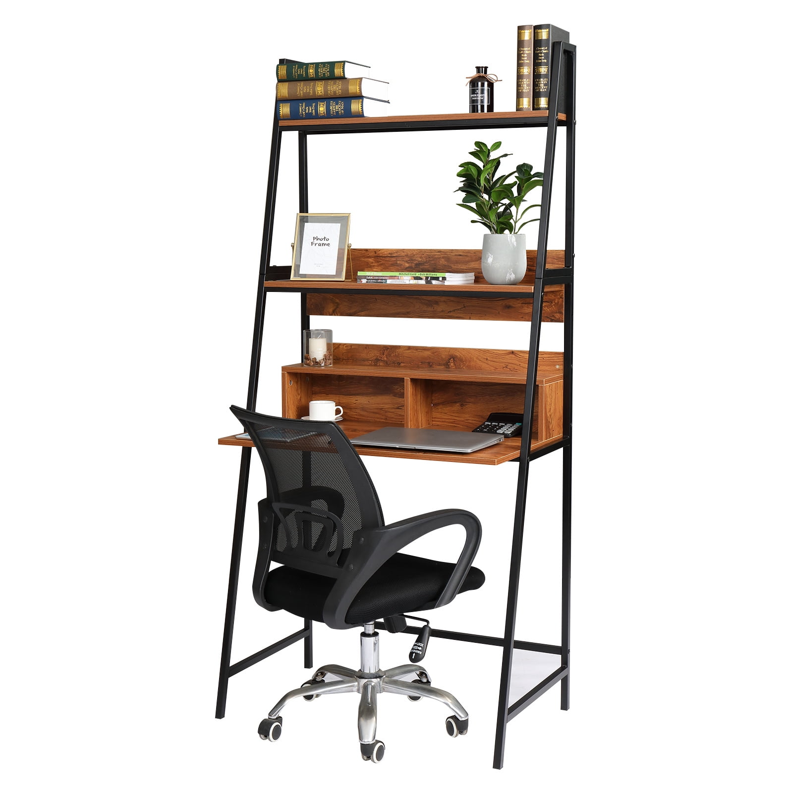 FYYDES FCH Vintage Color 3Tier Ladder Computer Desk with Storage